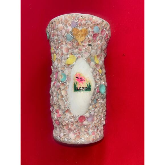 Vintage 60s~70s Shell Art Vase Kitsch FLORIDA Seashell Covered 5 1/2" Flamingo - Picture 1 of 7